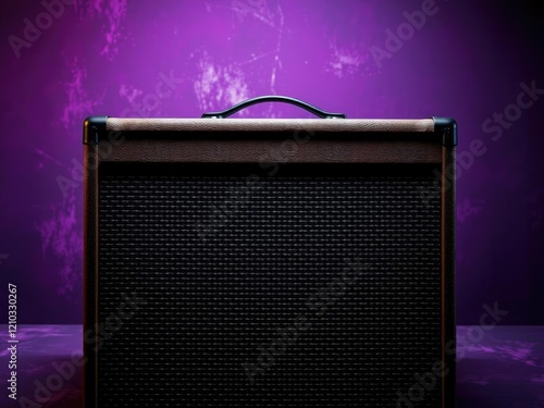 Close-up of a worn amp cabinet against a dark purple grungy background with spotlight, rock band gear, vintage decor photo