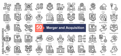 Merger and Acquisition Icon Collection Set.Containing Integration, Company, Target, Takeover, Deal, Purchase, Negotiation, Transaction icon. Simple line style Vector Illustration.	