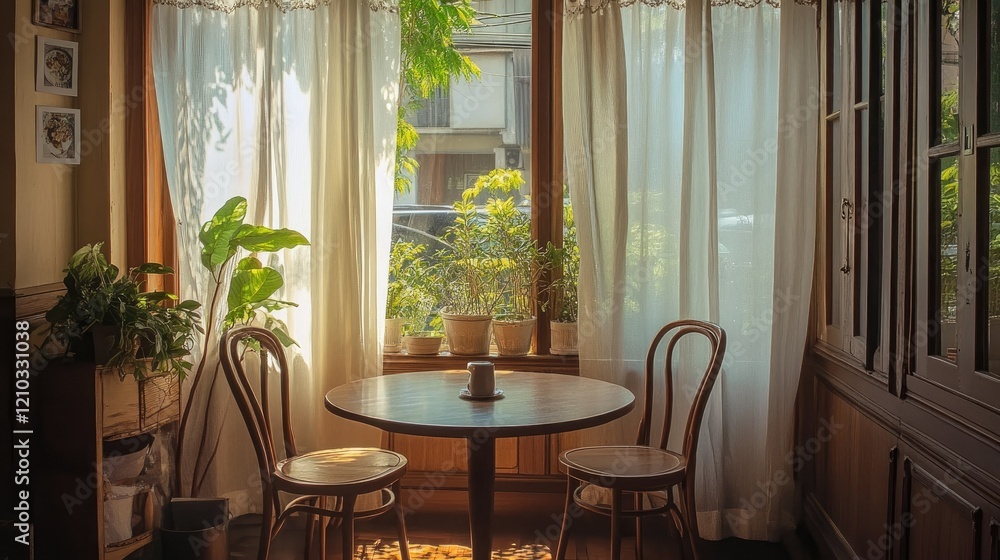 Obraz premium A small breakfast nook with a table and chairs set against elegant brown window panes, sunlight filtering through sheer curtains.