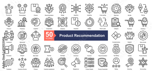 Product Recommendation Icon Collection Set.Containing Personalized, Product, Recommendation, Badge, Algorithm, Upselling, Cross selling, Real time icon. Simple line style Vector Illustration.