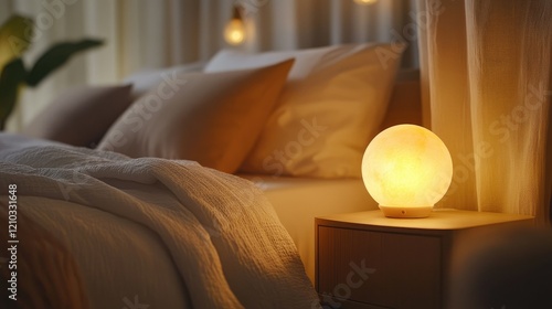 A soft-glowing lamp on a nightstand beside a bed made with crisp linens and a fluffy duvet, creating a serene vibe.