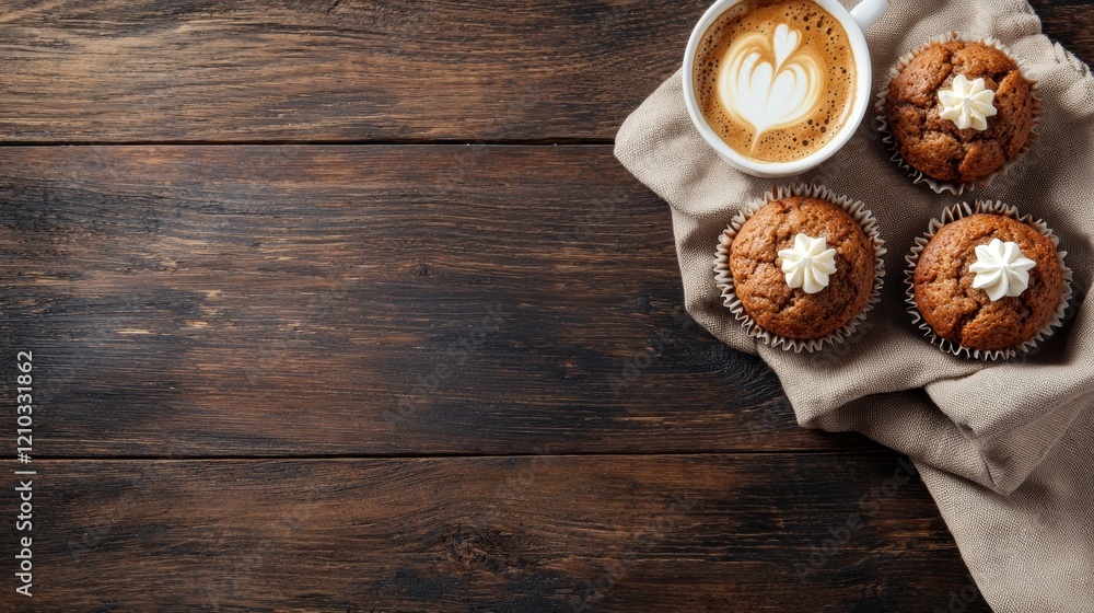 Cozy coffee and muffins on a rustic wooden table Cozy coffee and muffins on a rustic wooden table