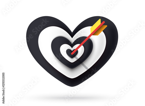 Heart pierced by an arrow. Target. Vector eps 10 illustration. Black and white color heart icon. Isolated on white background. Romantic. Love backdrop. 14 February Valentine's Day. I love you.
