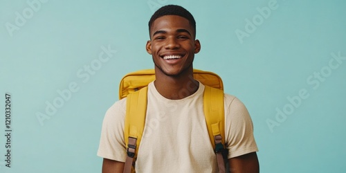 Joyful Traveler with Backpack photo