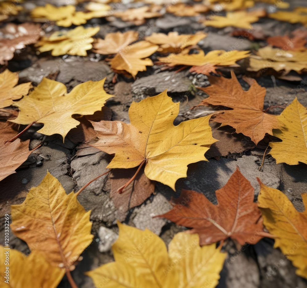 Close-up of textured yellow and brown autumn leaves, foliage, outdoors Close-up of textured yellow and brown autumn leaves, foliage, outdoors