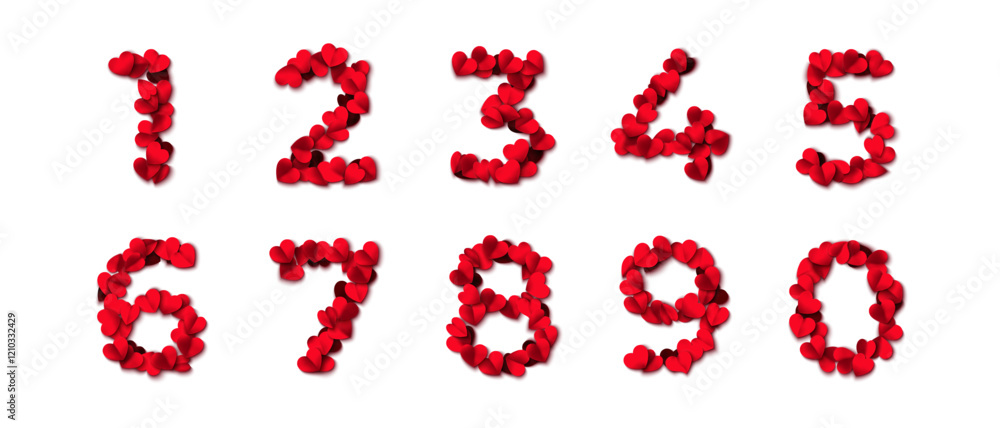 The numbers are made from hearts. Heart shaped rose petals fall. Heart paper confetti. Vector eps 10 illustration. Red color. Romantic floral background. Love backdrop. 14 February Valentine's Day.