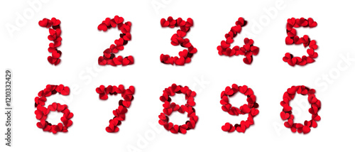 The numbers are made from hearts. Heart shaped rose petals fall. Heart paper confetti. Vector eps 10 illustration. Red color. Romantic floral background. Love backdrop. 14 February Valentine's Day.