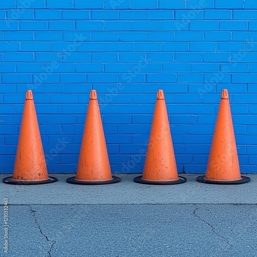 Orange traffic cones and a blue brick wall , isolated on white background,  , copy space for text, photo