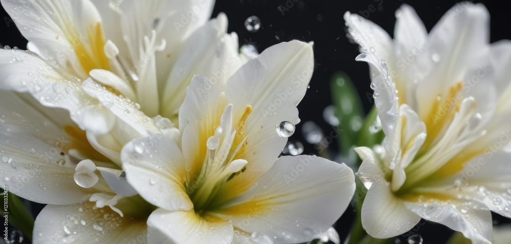 Close-up of white freesia petals with water droplets, fresh, natural beauty Close-up of white freesia petals with water droplets, fresh, natural beauty