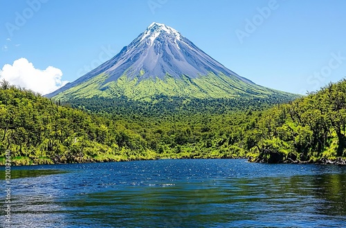 Osorno volcano and Llanquihue Lake, Parque Nacional Vicente Perez Rosales, Lake District, Puerto Varas, Chile. , isolated on white background,  , copy space for text, photo