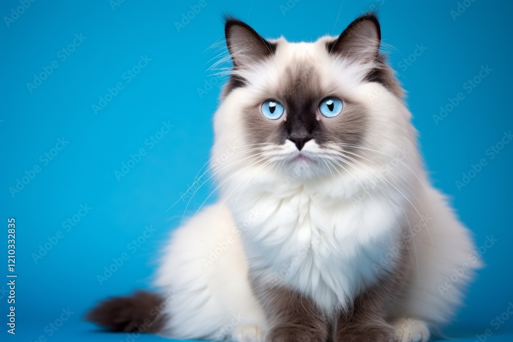 Portrait of a funny ragdoll cat in front of solid color backdrop Portrait of a funny ragdoll cat in front of solid color backdrop
