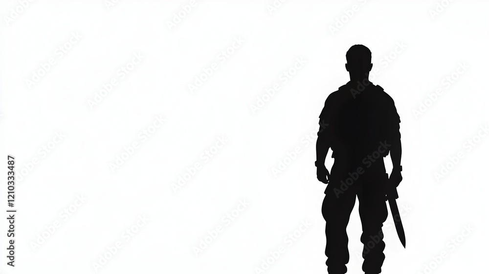 A minimalist silhouette of a soldier with a radio, symbolizing communication on the battlefield. Soldier with radio.
A minimalist silhouette of a soldier with a radio, symbolizing communication on the battlefield. Soldier with radio.