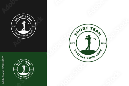Silhouette logo design of person playing golf on course template vector illustration