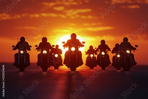 A group of motorcyclists ride down a road at sunset