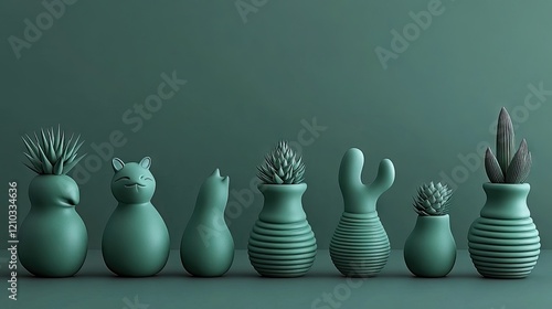 Green succulent plants in cute pots, minimalist background, home decor