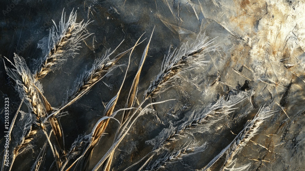 Close-up of frost-damaged wheat fields, showcasing the effects of severe spring frost on crops with dramatic lighting. Close-up of frost-damaged wheat fields, showcasing the effects of severe spring frost on crops with dramatic lighting.