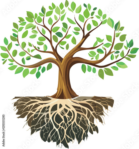 stylized tree with deep roots and expansive branches symbolizing connection and growth