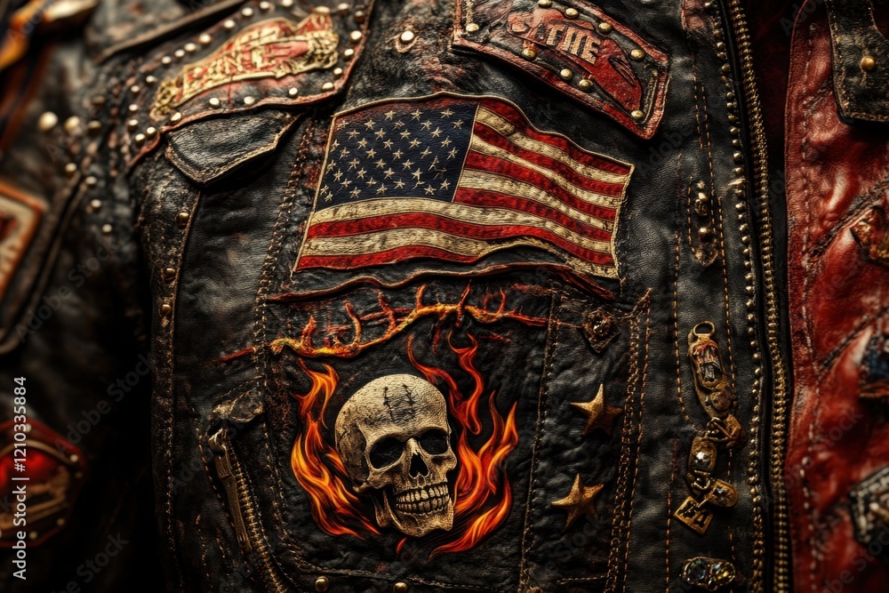 Obraz premium A man is wearing a leather jacket with a skull on it and a red star on the back