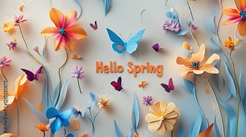 Creative spring greeting design with bold "Hello Spring" typography, colorful flowers, and soft butterfly elements.