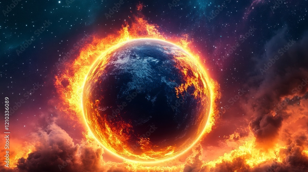 Naklejka premium Fiery Earth in Cosmic Space with Colorful Flames and Stars