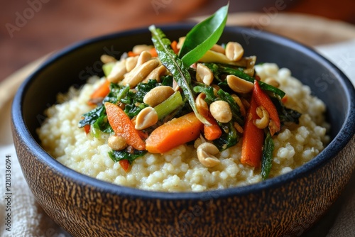 A dish of steamed millet topped with stir-fried vegetables and fresh moringa leaves, garnished with roasted peanuts photo