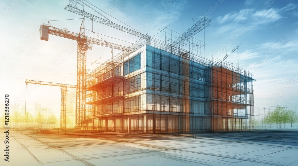 Building construction plan facades with machinery architectural sketch .Vector illustration Building construction plan facades with machinery architectural sketch .Vector illustration