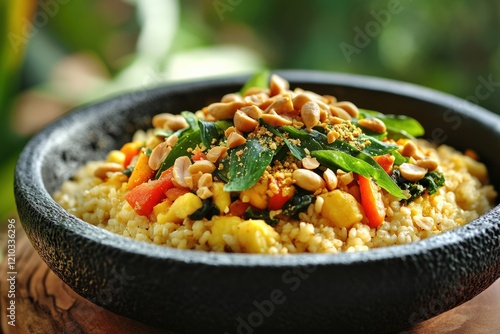 A dish of steamed millet topped with stir-fried vegetables and fresh moringa leaves, garnished with roasted peanuts photo