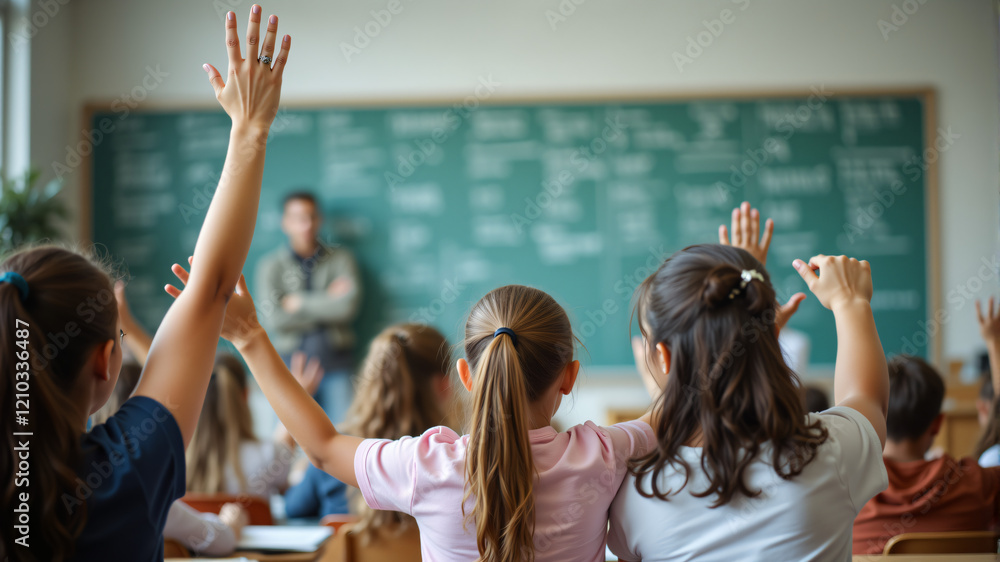 Fototapeta premium A vibrant classroom scene showcasing eager students raising hands, eager to participate in learning.