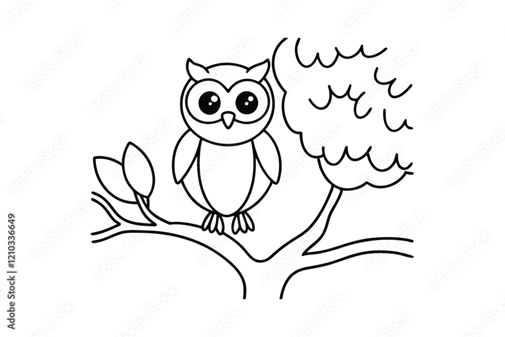 Cute kawaii cartoon character owl on the tree coloring page, vector printable worksheets for preschool Cute kawaii cartoon character owl on the tree coloring page, vector printable worksheets for preschool