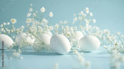 Easter eggs scattered on a pastel blue surface with fresh flowers, creating a joyful and minimalist holiday scene.