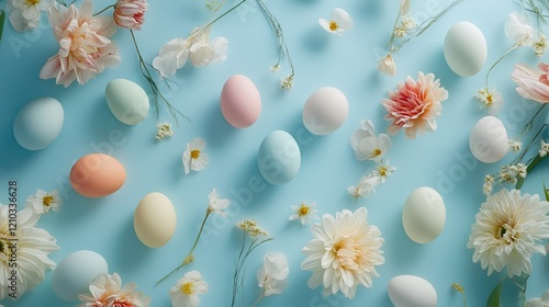 Easter eggs scattered on a pastel blue surface with fresh flowers, creating a joyful and minimalist holiday scene.