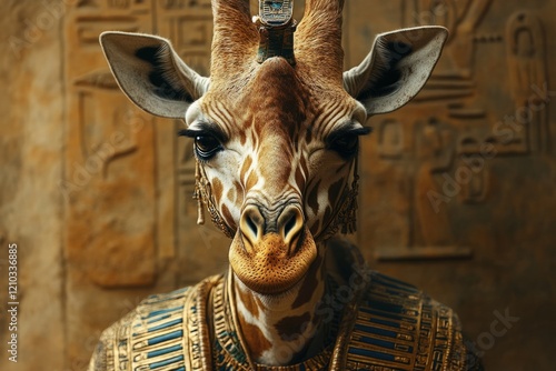 Portrait of a majestic giraffe wearing an ancient egyptian pharaoh outfit, set against the backdrop of a temple adorned with hieroglyphs