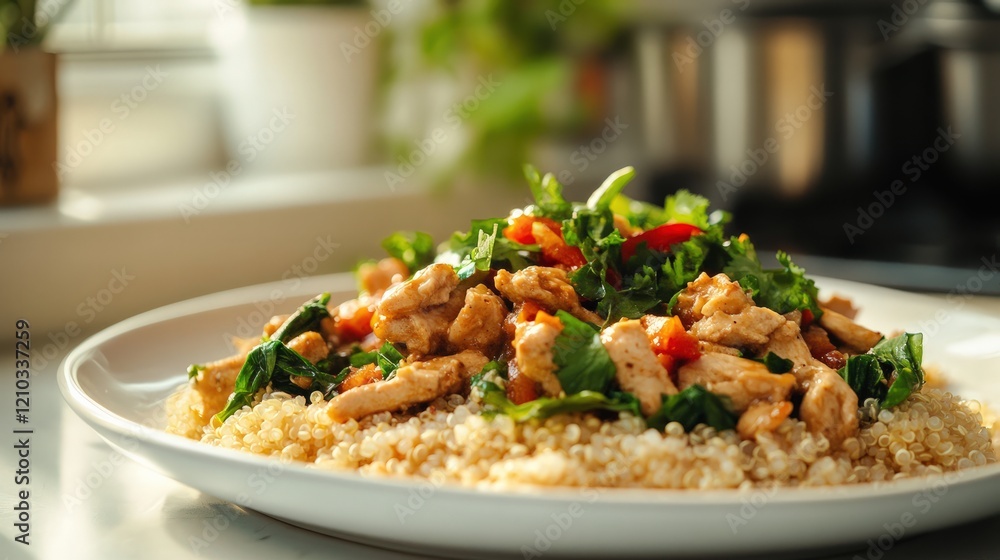 A plate of Thai basil minced turkey stir-fry served over quinoa, displayed on a bright kitchen table A plate of Thai basil minced turkey stir-fry served over quinoa, displayed on a bright kitchen table