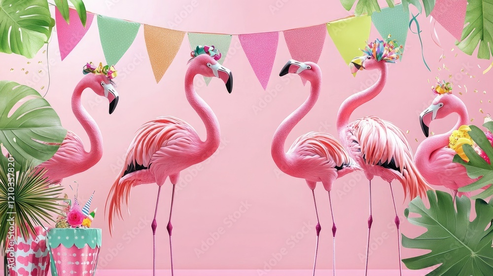 Flamingos with playful poses, dressed in summer party accessories, perfect for a vibrant and cheerful celebration banner. Flamingos with playful poses, dressed in summer party accessories, perfect for a vibrant and cheerful celebration banner.