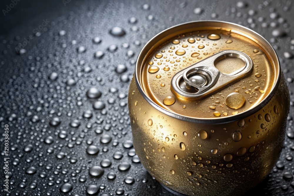 An open beer can with condensation on the outside on a metal table, cold brew, wet glass An open beer can with condensation on the outside on a metal table, cold brew, wet glass
