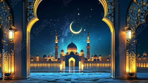 Ramadan Kareem banner with a crescent moon and lantern, with a mosque in the backdrop.