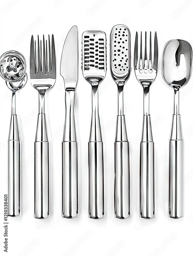 Modern stainless steel kitchen utensil set, isolated on white background, for cooking or food preparation Modern stainless steel kitchen utensil set, isolated on white background, for cooking or food preparation