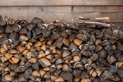 Weathered firewood neatly stacking against wooden wall, capturing rural russian landscape with rustic textural charm photo