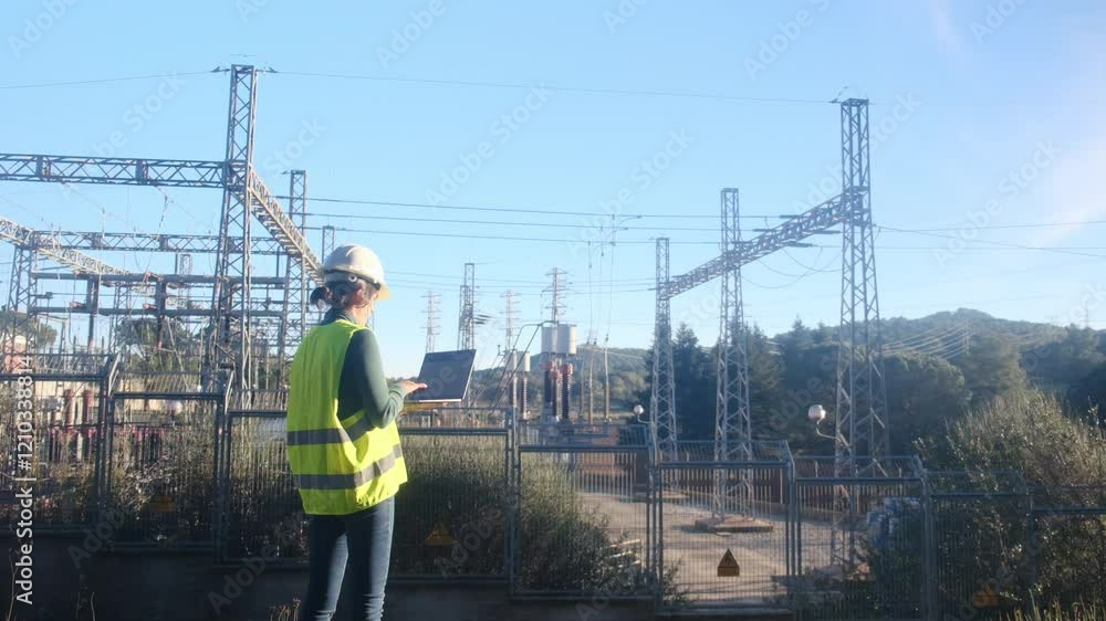 Female engineer with tablet at a power substation. Concept: electrical engineering and infrastructure. Bright, outdoor setting. Female engineer with tablet at a power substation. Concept: electrical engineering and infrastructure. Bright, outdoor setting.