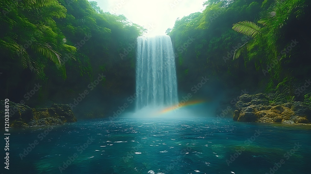 custom made wallpaper toronto digitalLush jungle waterfall cascading into a vibrant turquoise pool, showcasing a faint rainbow.