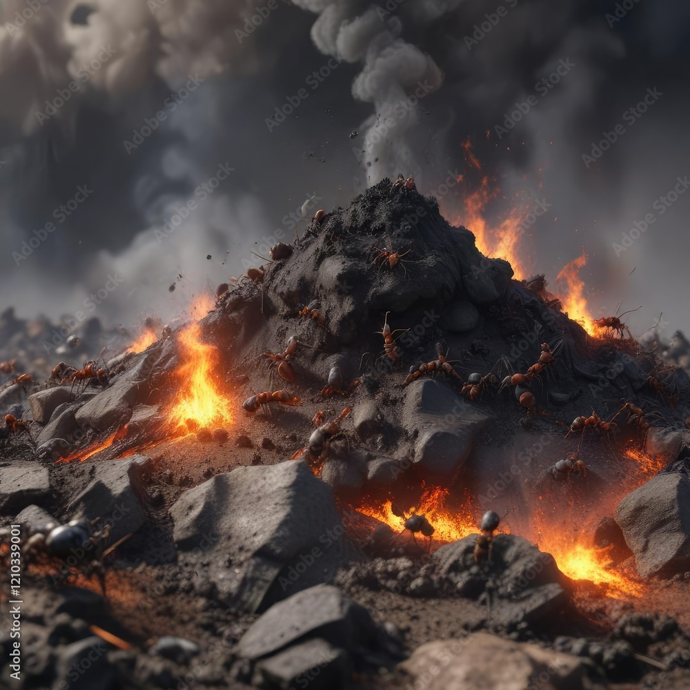 Ants crawling on top of a burning waste pile as black smoke billows out , billows, greasy, chaotic Ants crawling on top of a burning waste pile as black smoke billows out , billows, greasy, chaotic