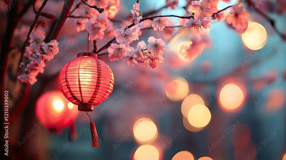 Fototapeta premium Red Lanterns and Cherry Blossoms at Night