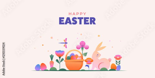 Happy Easter, Modern flat design with flowers, eggs and bunnies, pastel colors