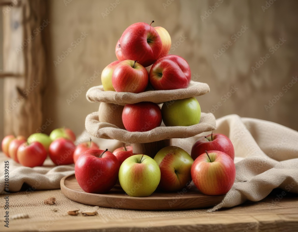Apples stacked in a tower on a wooden table with a natural linen cloth , wood, tabletop, apples Apples stacked in a tower on a wooden table with a natural linen cloth , wood, tabletop, apples