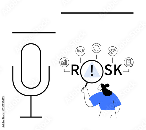 Woman examines RISK using a magnifying glass, connecting with icons for data, people, and strategy. Ideal for business analysis, risk management, data insights, leadership, strategy decision-making