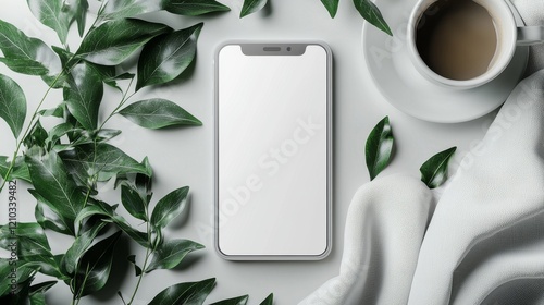 imagine a mockup for a white cases with no desings, with a background with some plant and cup cofee  photo