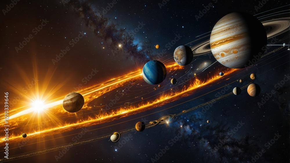 Naklejka premium space, planet, star, earth, galaxy, astronomy, universe, sun, sky, night, moon, cosmos, light, nebula, stars, blue, abstract, science, world, fantasy, black, orbit, illustration, outer, solar