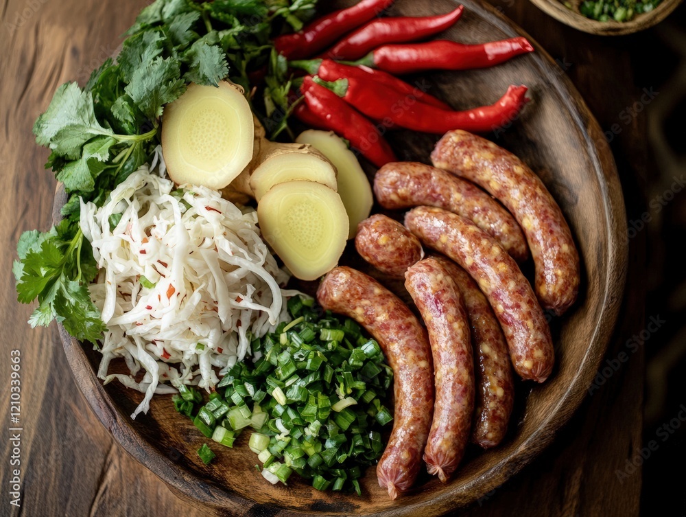 A rustic platter featuring sai krok Isan (fermented Thai sausage) served with fresh chilies, ginger slices, and raw cabbage, styled on a wooden table A rustic platter featuring sai krok Isan (fermented Thai sausage) served with fresh chilies, ginger slices, and raw cabbage, styled on a wooden table