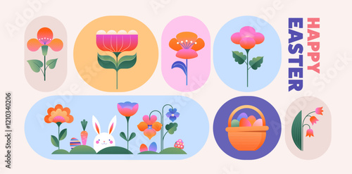 Happy Easter, Modern flat design with flowers, eggs and bunnies, pastel colors