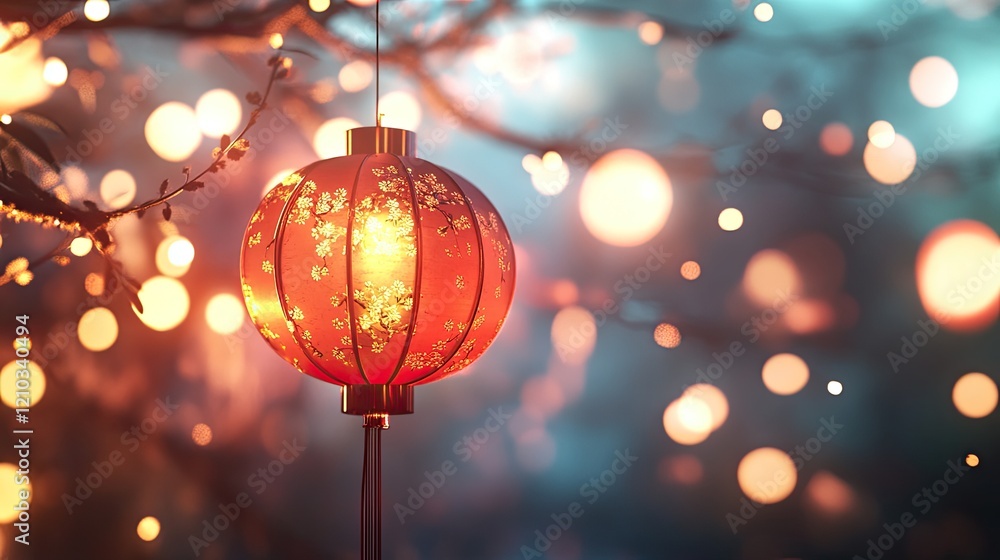 Glowing Red Lantern Hanging on Tree Branch with Lights Glowing Red Lantern Hanging on Tree Branch with Lights